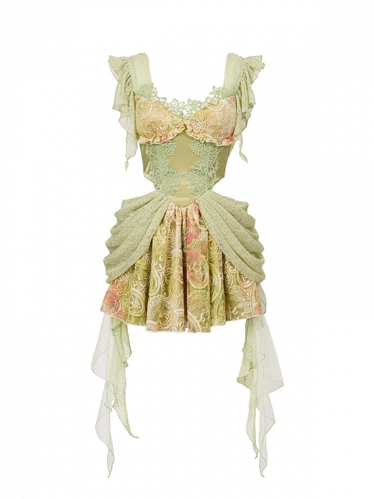 Green Fairycore Mori Lace A-Line Sleeveless Cut-out Dress - Virtual Orbit