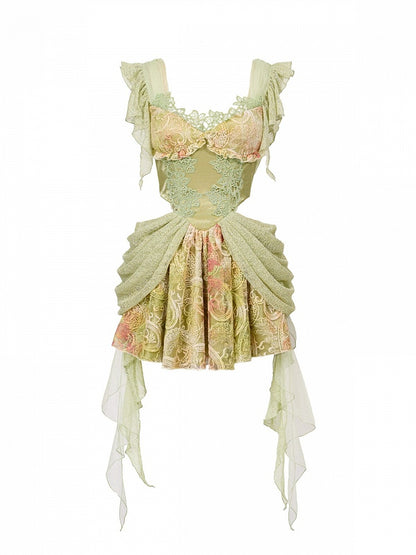 Green Fairycore Mori Lace A-Line Sleeveless Cut-out Dress - Virtual Orbit