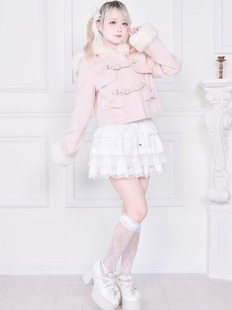 Pink | Plush Trim Short Kei Pockets Jirai Bow Coat Hooded