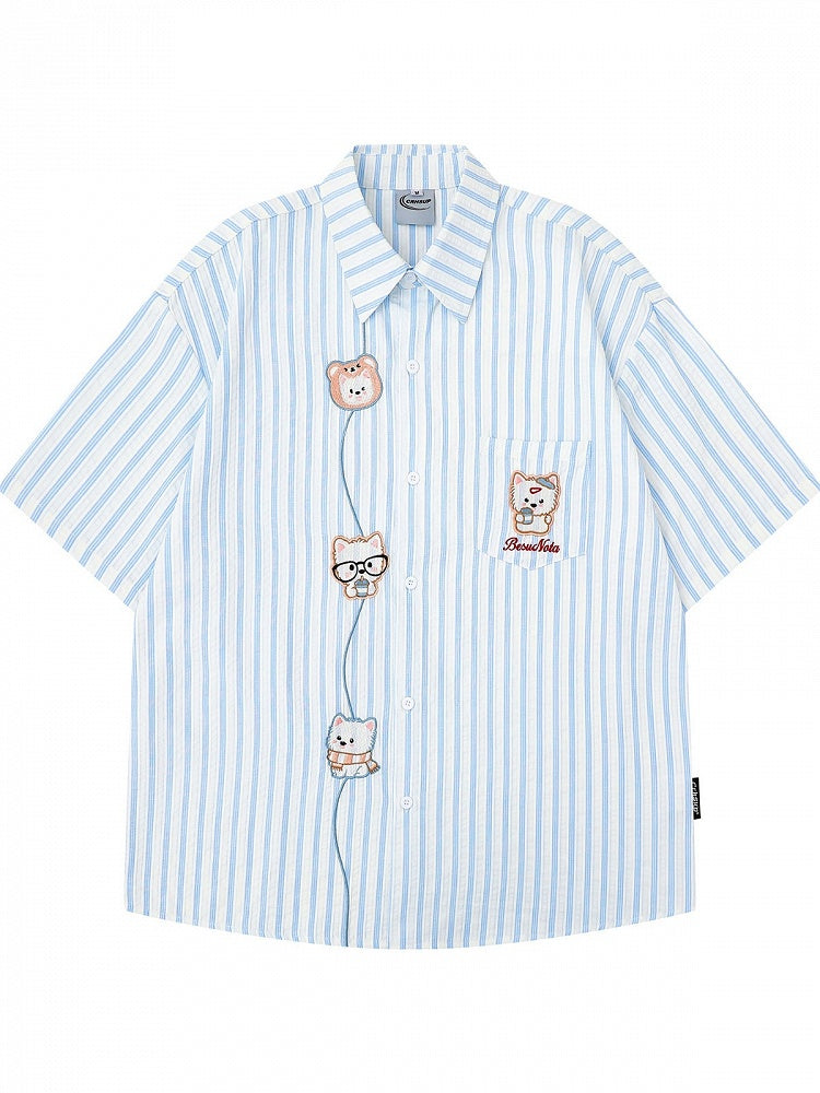 Cute Blue Striped Puppy-Embroidered Short-Sleeve Tee for Everyday Wear - Languid Park