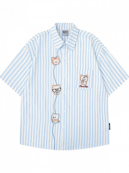 Cute Blue Striped Puppy-Embroidered Short-Sleeve Tee for Everyday Wear - Languid Park