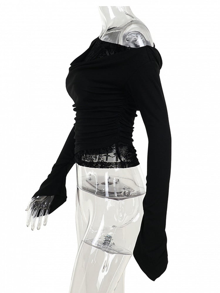 Black Halloween Embroidery Asymmetrical Cross Top Neck Long with Sleeve Gothic