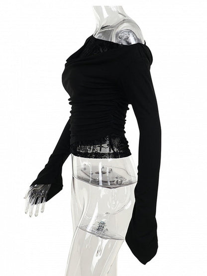 Black Halloween Embroidery Asymmetrical Cross Top Neck Long with Sleeve Gothic