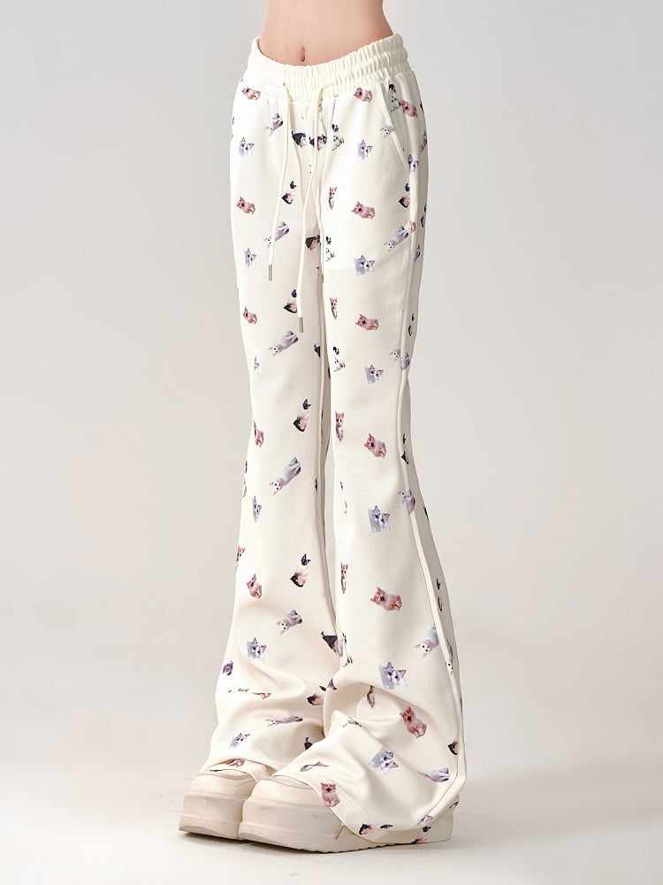 Beige Regular/Thicken Slim-Fit Flared Pants with Realistic Cat Prints and Elastic Waistband