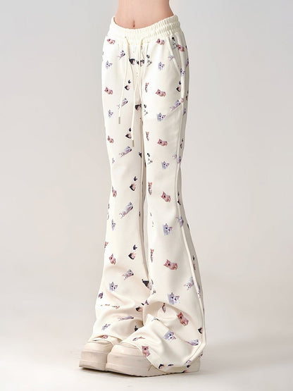 Beige Regular/Thicken Slim-Fit Flared Pants with Realistic Cat Prints and Elastic Waistband