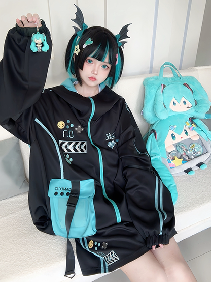 フード付きテックウェア ブラックフューチャリスティックジャケット ブルー＆サイバーパンク