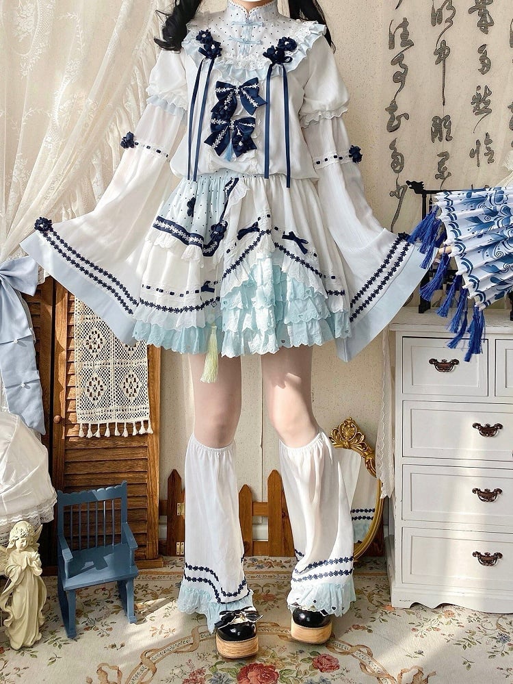 and White Banded Lolita Han Accents Blue Flower Collar Bow Dress with Puff Sleeves
