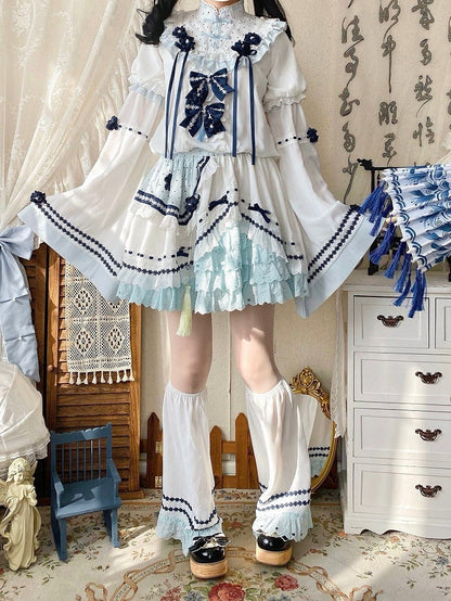 and White Banded Lolita Han Accents Blue Flower Collar Bow Dress with Puff Sleeves