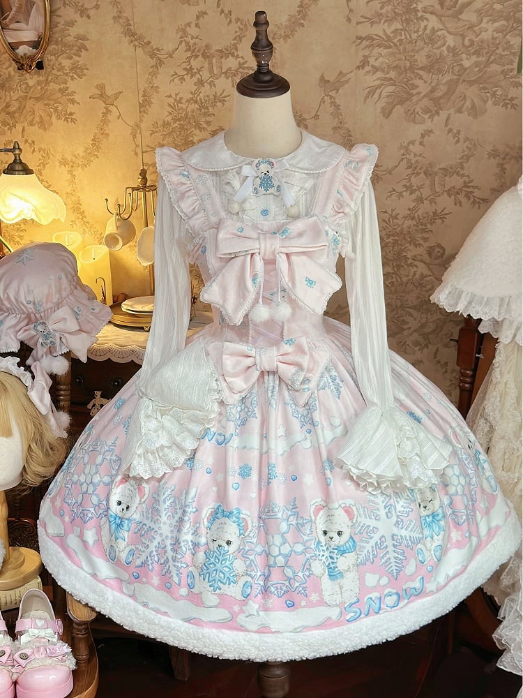 Sweet Winter Lolita Snowy Teddy Print Light Pink Dress JSK Full Set