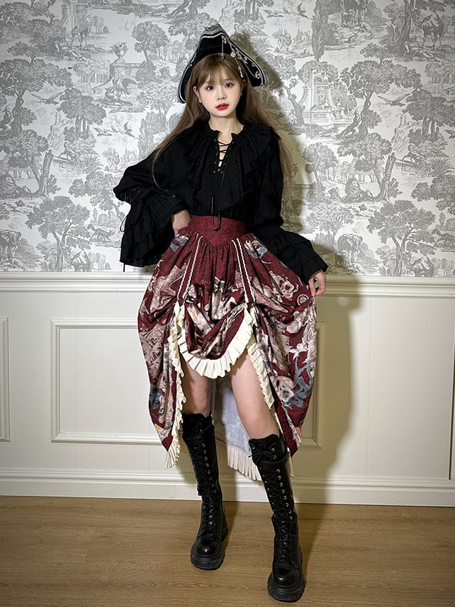 Ouji Ärmeldetails mit Schnürung Long Vibes Pirate Lolita Shirt Schwarz