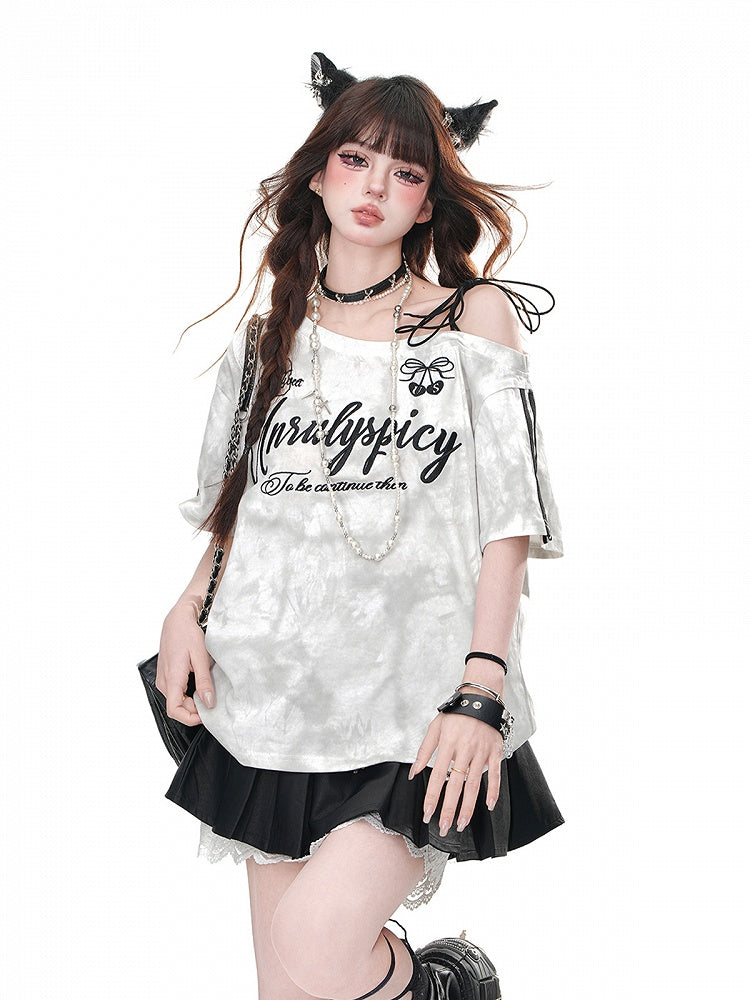 T-Shirt Loose White Asymmetrischer Ausschnitt Letter Bittersweet Print