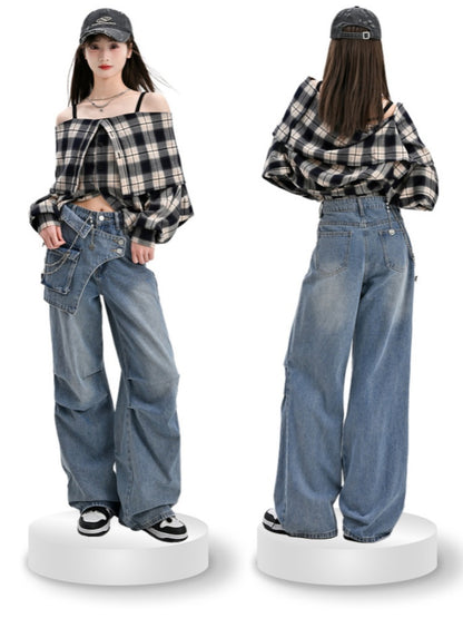 Wide-Leg Jeans Taillendesign Blau Asymmetrisch