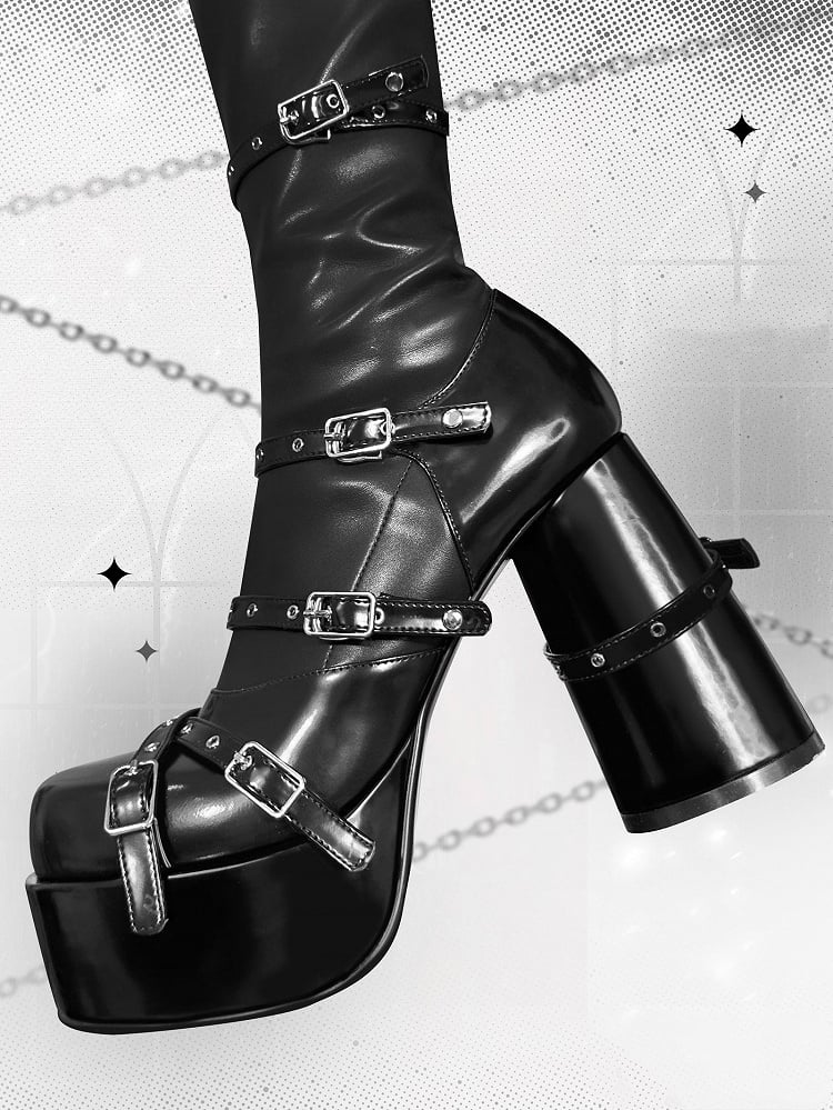 Boots Punk Buckle Zip Black Block Straps Under Inner Platform Version Heel Knee - Closure Regular High