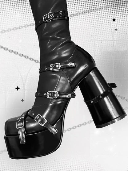 Boots Punk Buckle Zip Black Block Straps Under Inner Platform Version Heel Knee - Closure Regular High
