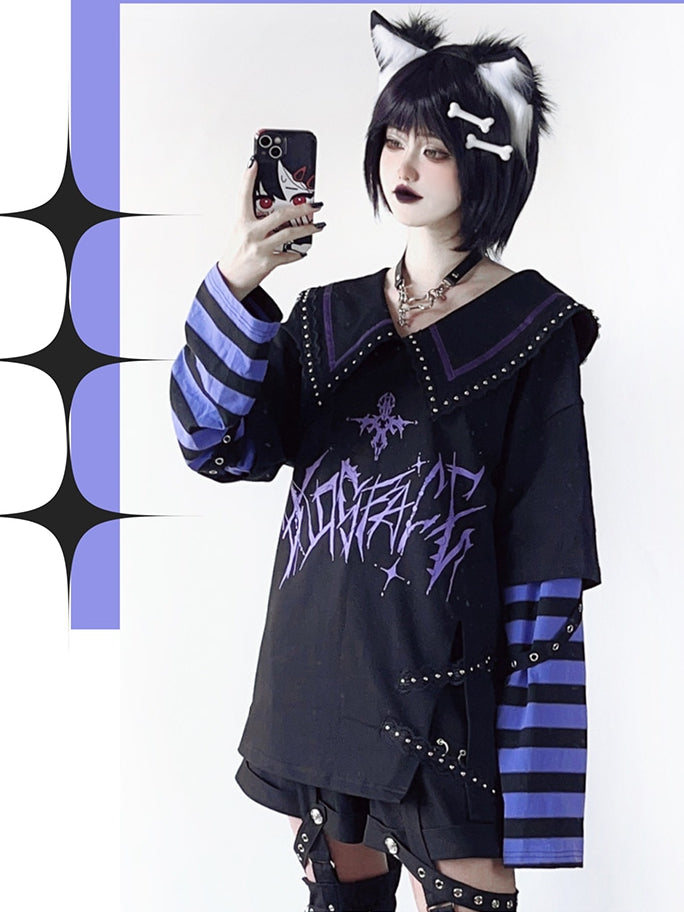 with in Sleeves Purple Pointed Black Top Graphic Contrast Striped White / Sailor Collar