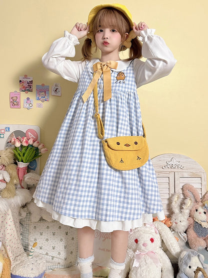 キュートなチキン柄ライトブルーチェック柄ピーターパンカラー長袖ワンピース