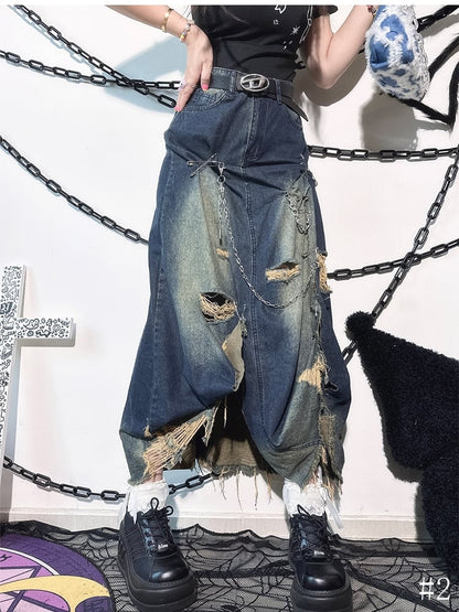 Accents Distressed Skirt Chain Maxi with Slit Blue Denim