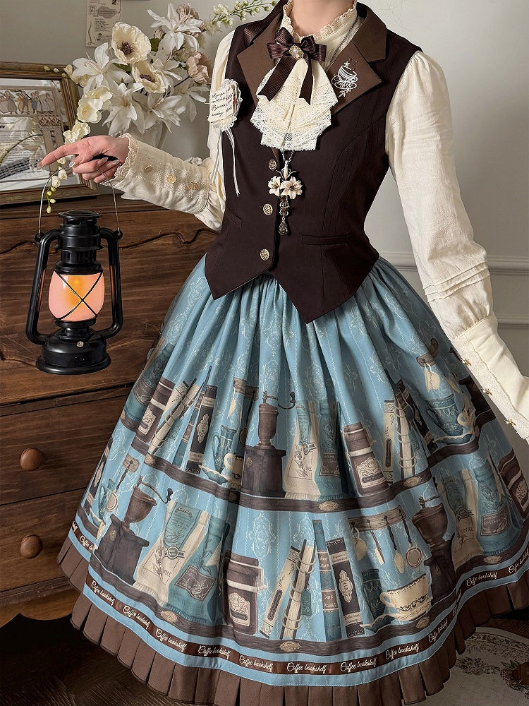 Blue Brown Coffee Cup Bookshelf Print Elegant Skirt Ruffled Hem - Dream Whale