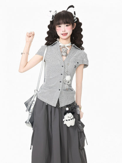 Kawaii Breathable Striped Short Sleeve Blouse in White & Gray with Embroidery - Languid Park