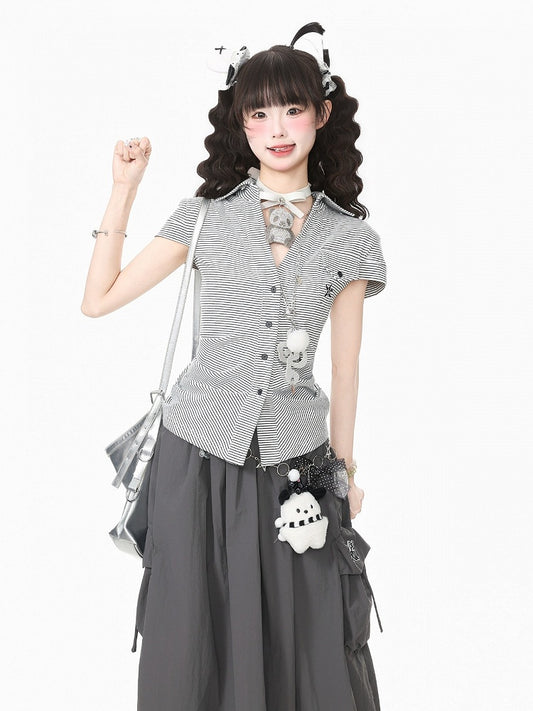 Kawaii Breathable Striped Short Sleeve Blouse in White & Gray with Embroidery - Languid Park