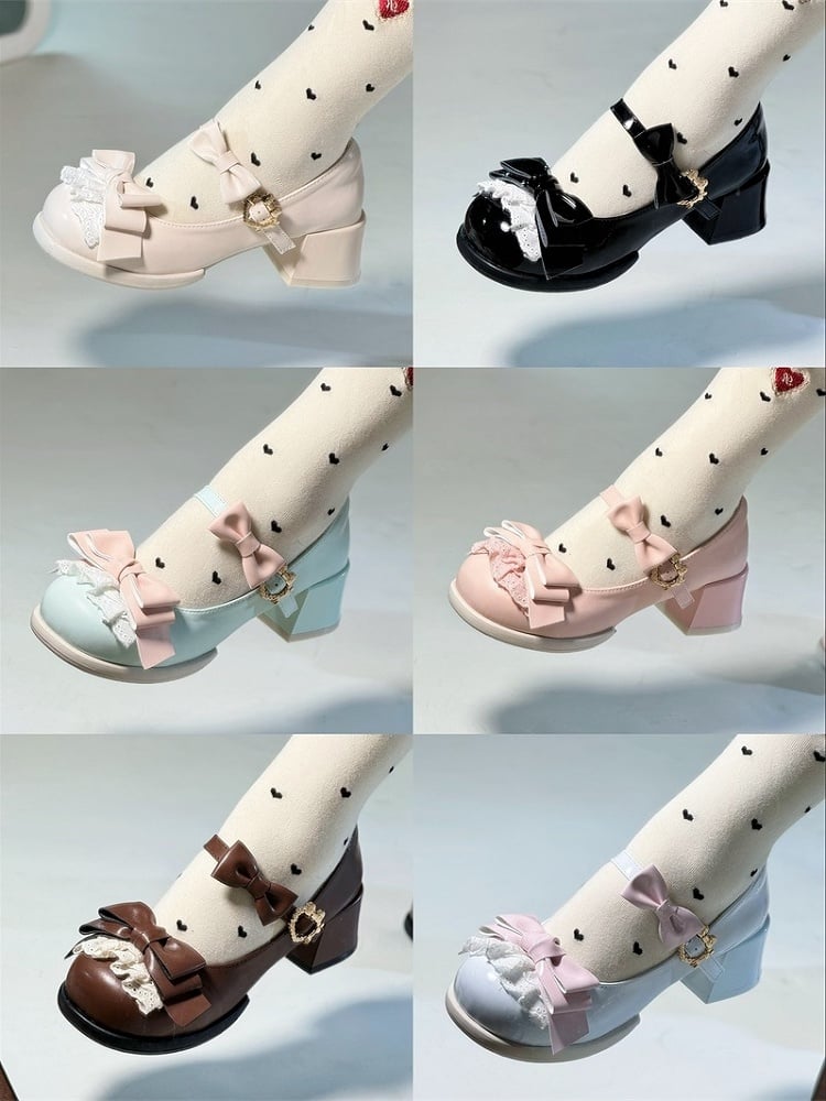 Lolita Low/Mid Heels Beige Lace with Sweet Bow Accents Trim