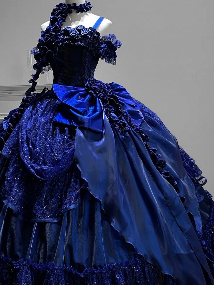 S 80–90 cm Taille Nachthemd Lolita Länge für Ausverkaufsgröße Büste Hanayome Blau Dunkel Entbeint Kleid Ball Starry Goth Boden