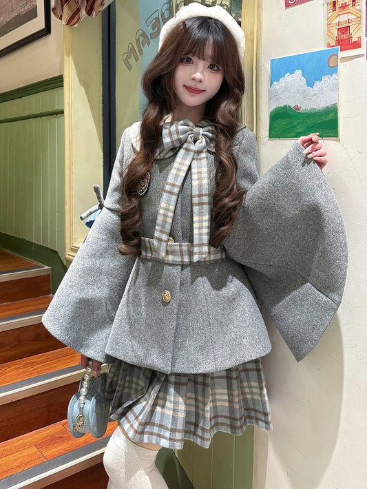 グレーのプレッピースタイルベルスリーブジャケット（チェック柄リボンアクセント付き）+グレーのチェック柄プリーツスカートセット