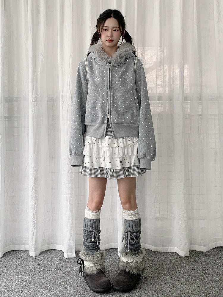 Dot Trim Jacket Dual-way Hood with Fleece-lined Plush Gray Polka Zipper
