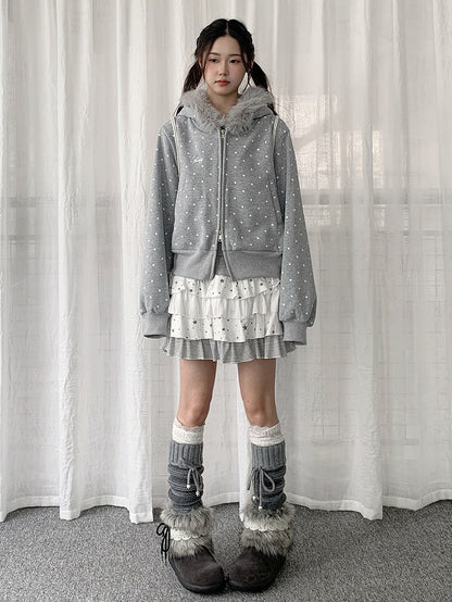 Dot Trim Jacket Dual-way Hood with Fleece-lined Plush Gray Polka Zipper
