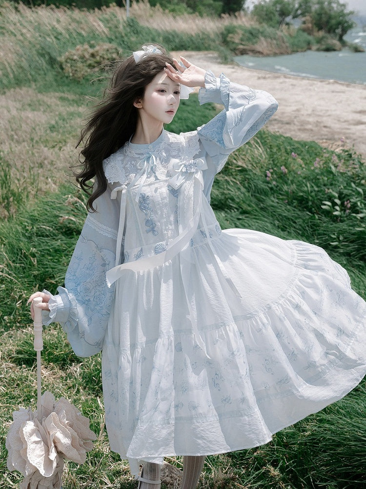 Sleeveless Tie Strap Shell Embroidered Dress in White and Blue - Yimu Walnut