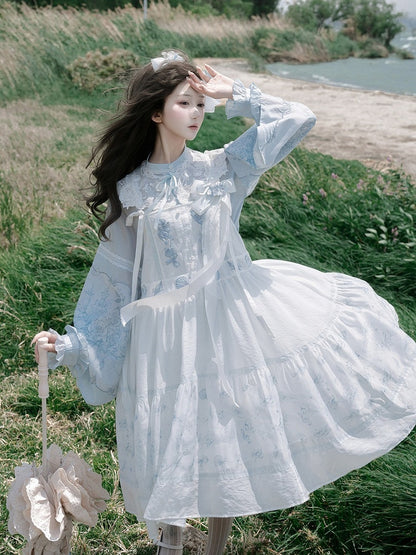 Sleeveless Tie Strap Shell Embroidered Dress in White and Blue - Yimu Walnut