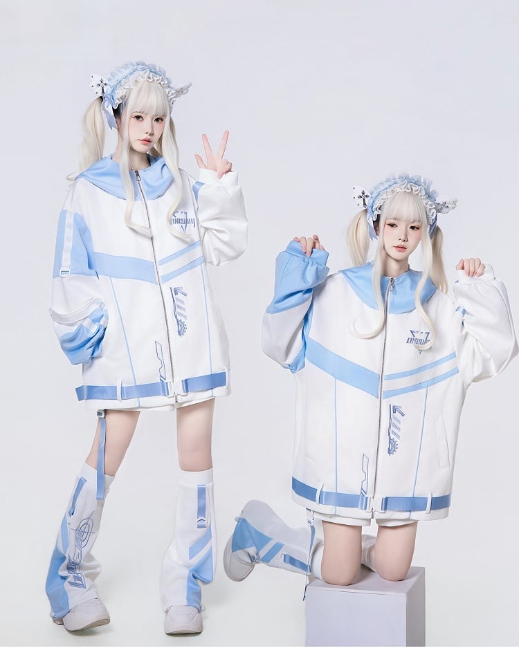 Style Techwear - Embroidery Futuristic Hooded in Bar Jacket White Landmine Colorblock with Loading Blue Kaiwai Tenshi