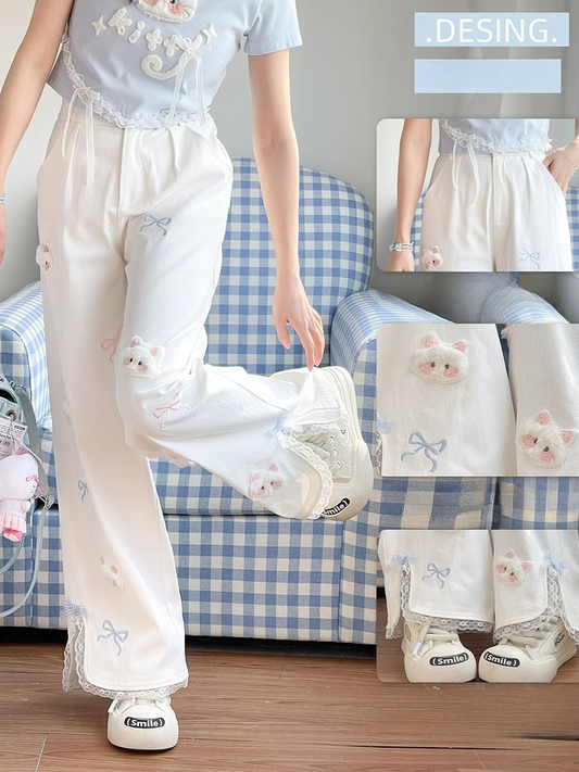 White Straight-Leg Pants Plush Kitty Appliques Bow Embroidery Regular/Short Version
