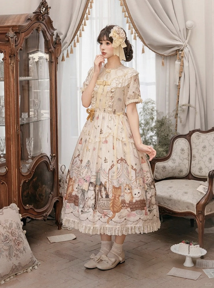 Beige Cat Print Round Neck Sweet Lolita Dress with Lace Trim - NyaNya