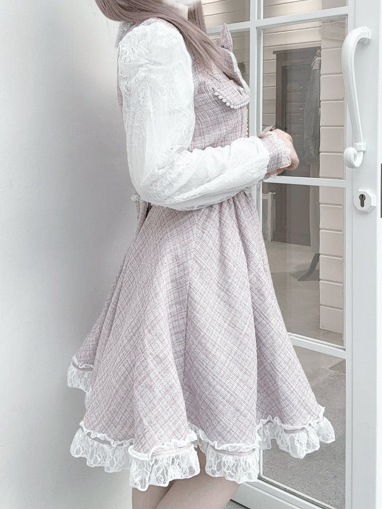 Pink Beadwork Detailed Tweed Dusty Jirai - Kei Dress