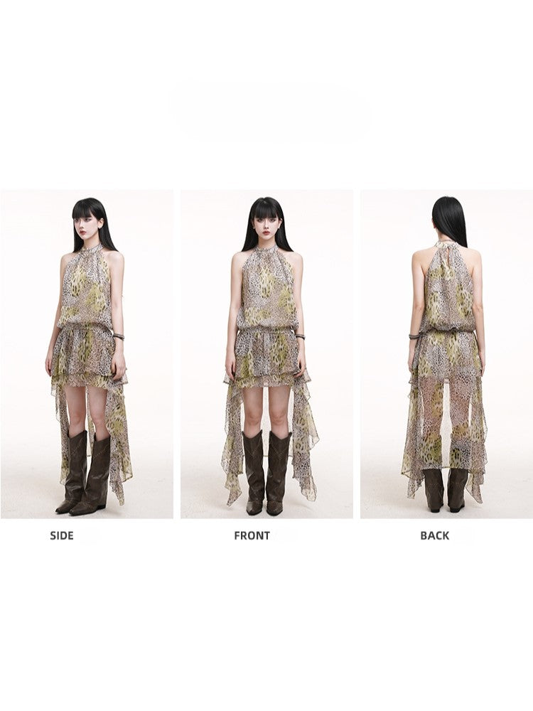 Asymmetric Hem Double-Layered Leopard Halter Dress Print with Fashion Neck Gyaru Ruffle Punk