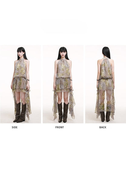 Asymmetric Hem Double-Layered Leopard Halter Dress Print with Fashion Neck Gyaru Ruffle Punk