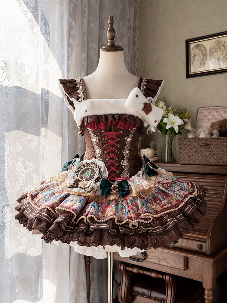 Brown Layered Boned Vibes Decorations Dress with Christmas Bow Lolita Waist Sweet Corset