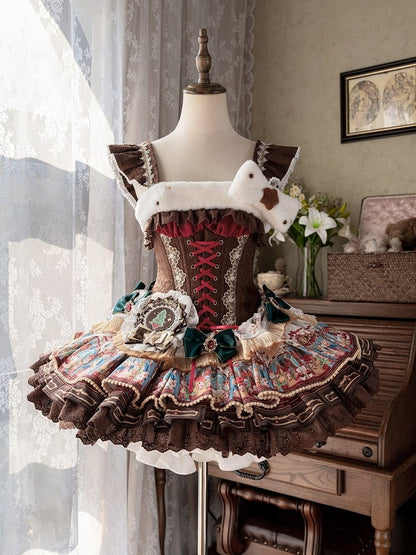 Brown Layered Boned Vibes Decorations Dress with Christmas Bow Lolita Waist Sweet Corset