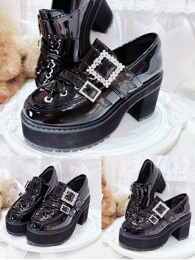 - Platform Rhinestone Kei Jirai Loafers Heel Black Strap Block Buckles High Polished Crisscross Detail