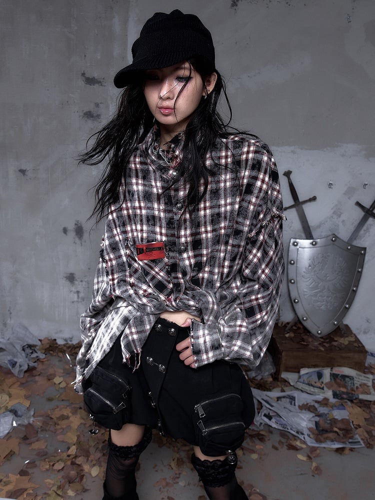 Faded Shirt Frayed Rock White Distressed Punk Edgy with Black Multi-Button Placket Hem Plaid