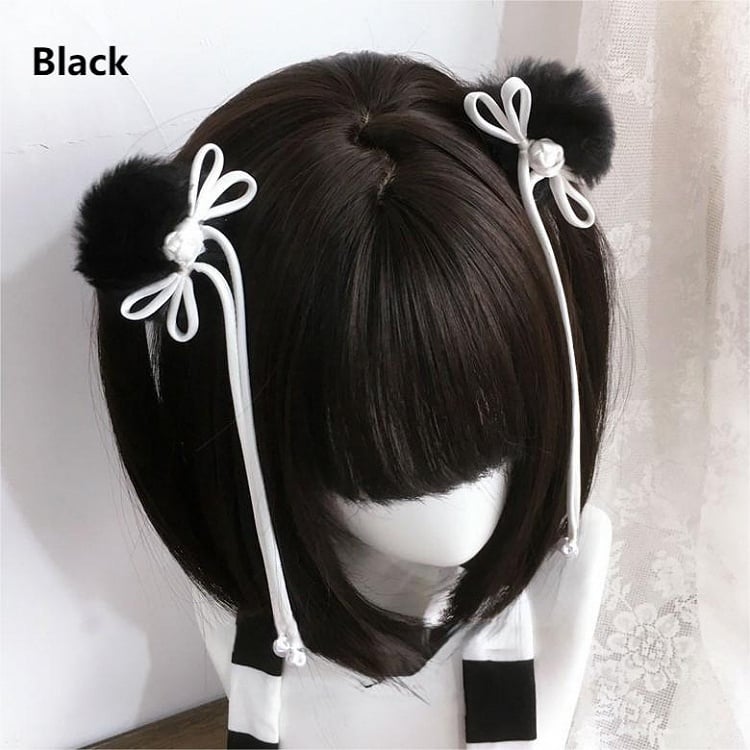Bow with Black/White Decorated Details Hairclip Pom-pom