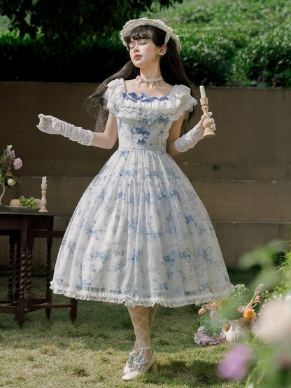 Blue Bows and Butterfly Print Lolita Dress Two Ways Wear Neckline