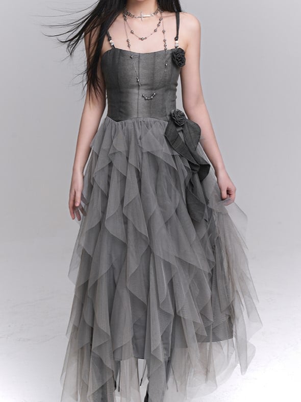 Gothic Rose Gray Accents Slip Tulle Dress Ruffles with Cascading