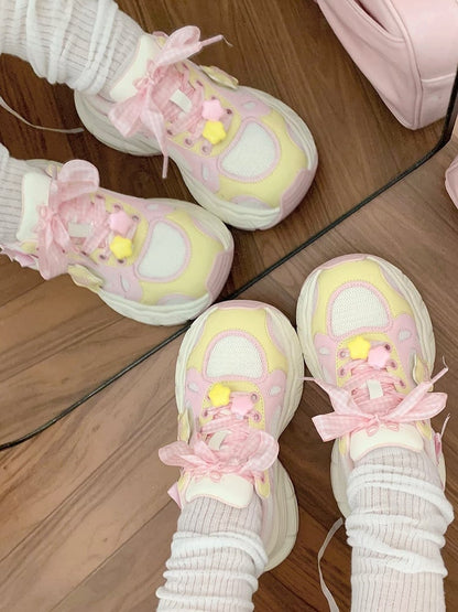 in Platform Pink Lolita Design Bow Plaid Lace-up Star Sweet Details Sneakers Yellow And