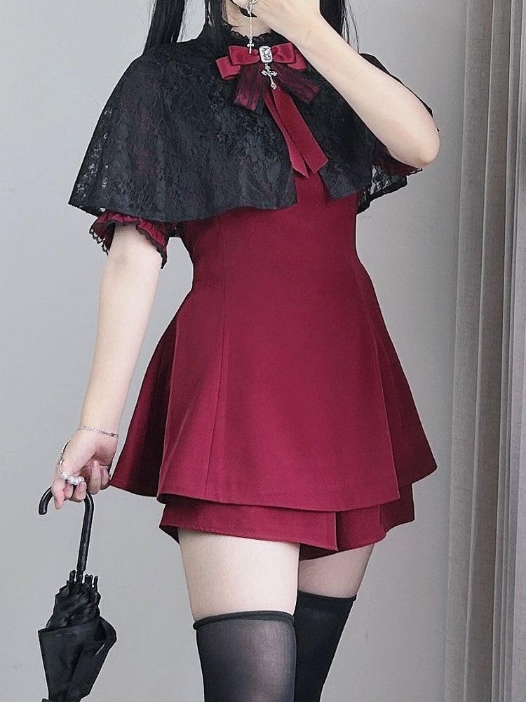 Black Kei Top Lace Set- Tie Detachable Gothic Short Faux Sleeve + Pointed Full Jirai Bow Collar Red Cape Coord Shorts