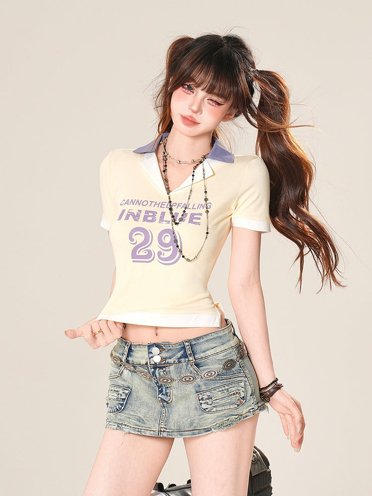 Vネック ピンク/イエロー/ブルーと数字プリントTシャツ レター