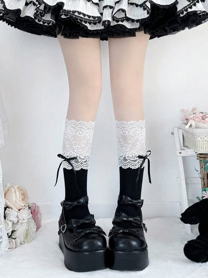 Bow-Embellished Ankle Socks with Contrast Lace Trim - Milkcat Studio