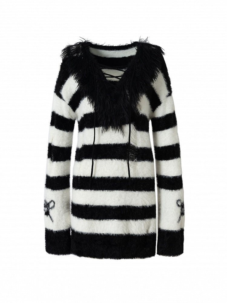 White with Striped Vintage Long Black Lacing Punk Crisscross Mink Distressed Collar Sweater Faux