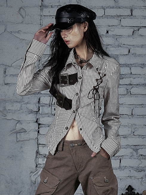 ブラウンホワイトバックルレースアップ柄ストライプデザインウェイストランド装飾シャツパンク